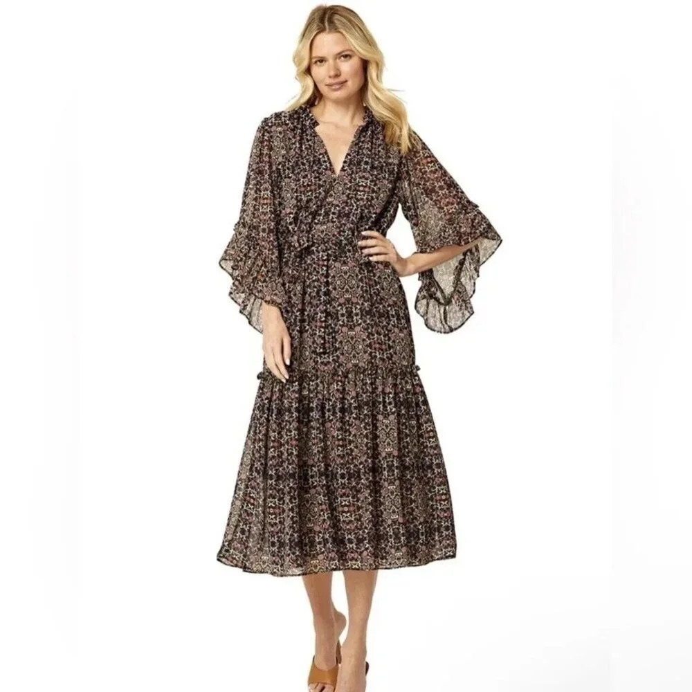 MISA Los Angeles Midi Dress Black Paisley Abstract Marcele Ruffle Sleeve Size S